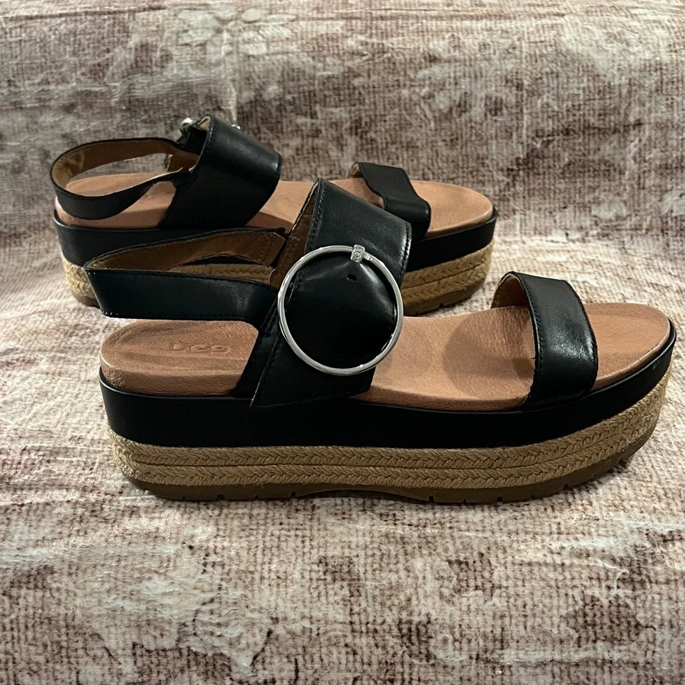 UGG Black Leather Espadrille Platform Sandals with Buckle - Picture 7 of 12